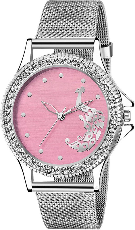 mu enterprise MU New Arrival Pink Round Dial printed peacock Stainless Steel Belt mu enterprise sales new steel belt pink shed watch for girls Analog Watch  - For Girls