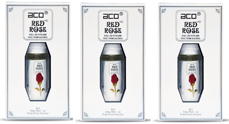 ACO Red Rose Alcohol - Free Attar Roll On 8ml Each (Pack of 3) Floral Attar(Rose)
