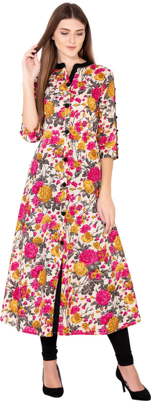 sanganeritex Women Printed Frontslit Kurta(White, Pink, Yellow)
