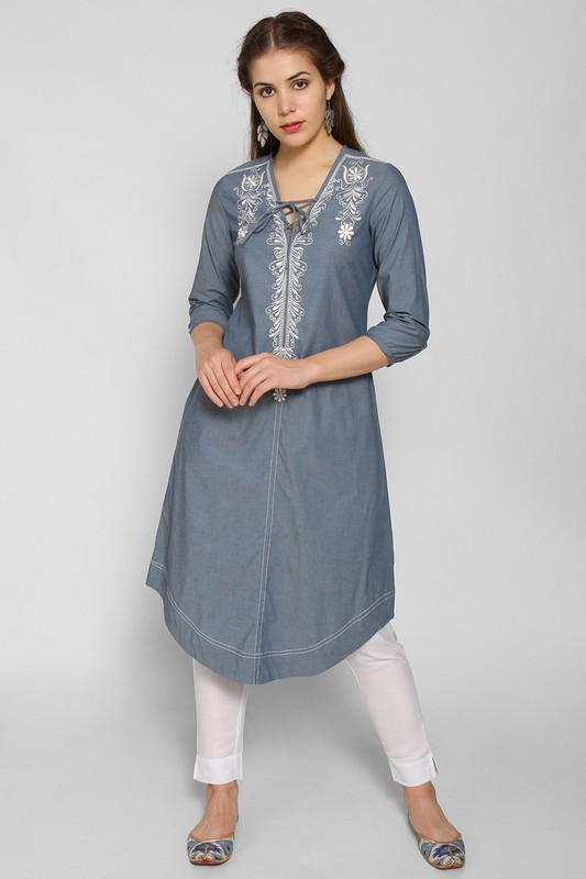 indifusion Casual Embellished Women Kurti(Grey)