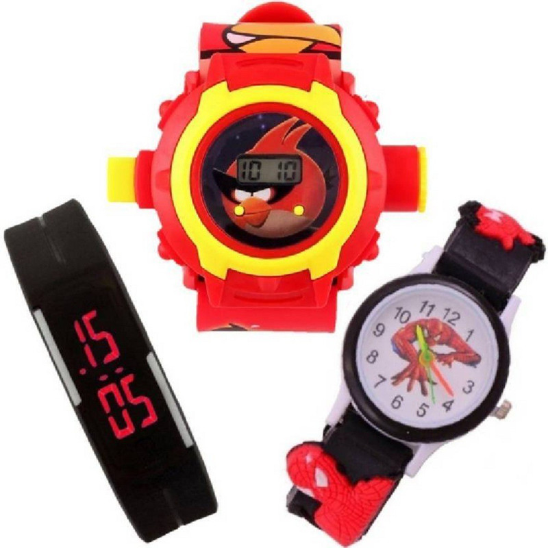 shopprime Beautiful Combo (Pack Of 3) Black Pipe Spider-Man & Spider Man,Angry Birds Projector 24 Photo Kids Analog Watch  - For Boys