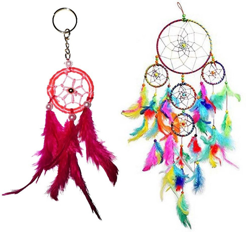 vyne Pack Of 2 Pink Color Dream Catcher Key Ring & 5 Ring Multi Color Dream Catcher Wool Windchime(5 inch, Multicolor)