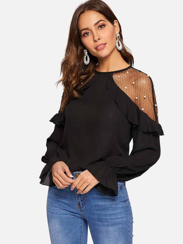 poison ivy Party Bell Sleeve Solid Women Black Top