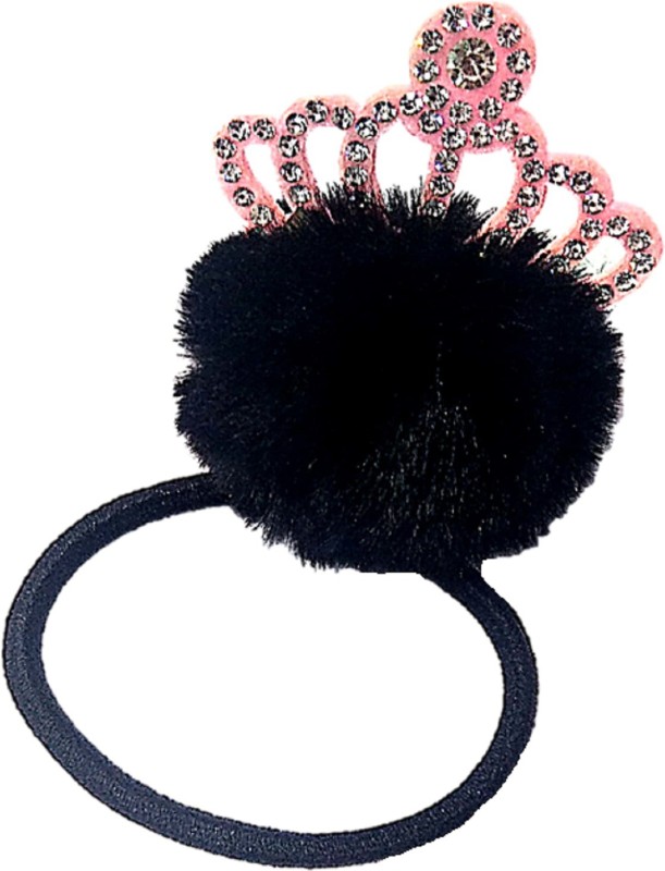 Proplady Designer Collection Stylish Rhinestones Stud Crown Fur Rubber Band, Hair Tie, Ponytail Band for Baby Girls & Girls|Wedding Hair Rubber Band, Hair Accessory Set(Black)