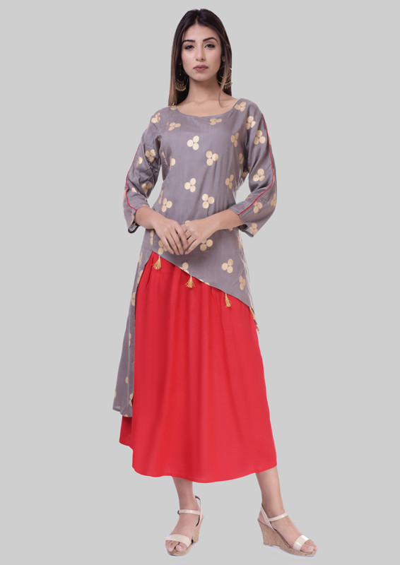 rashi collections Festive & Party Printed Women Kurti(Grey, Red, Gold)