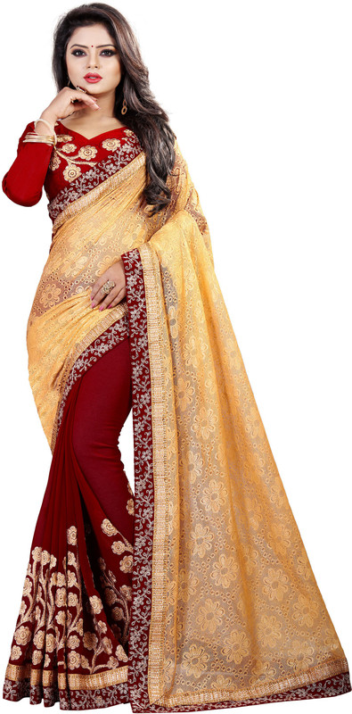 jay fashion Embroidered Bollywood Poly Georgette Saree(Beige, Maroon)