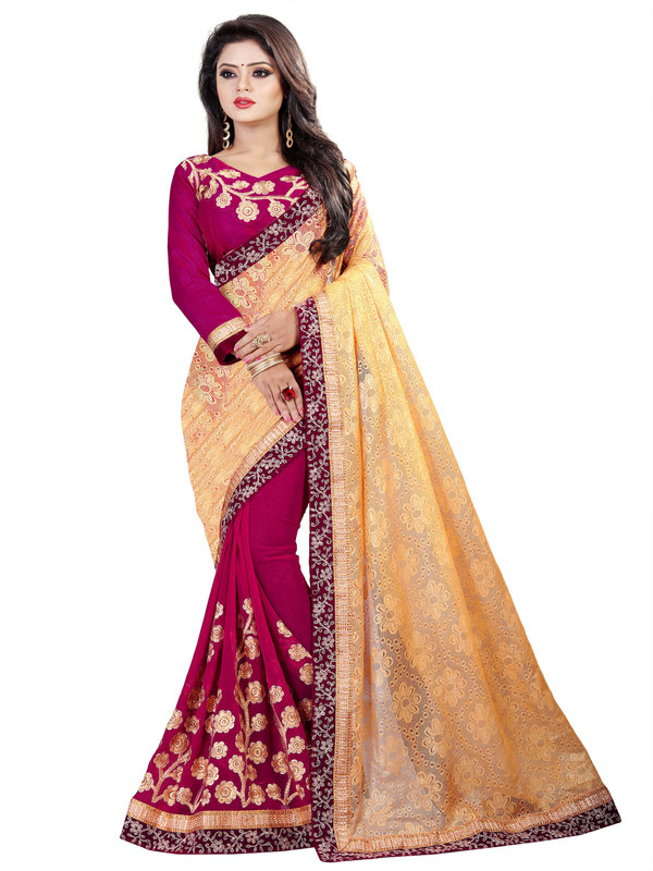 jay fashion Embroidered Bollywood Poly Georgette Saree(Beige, Magenta)