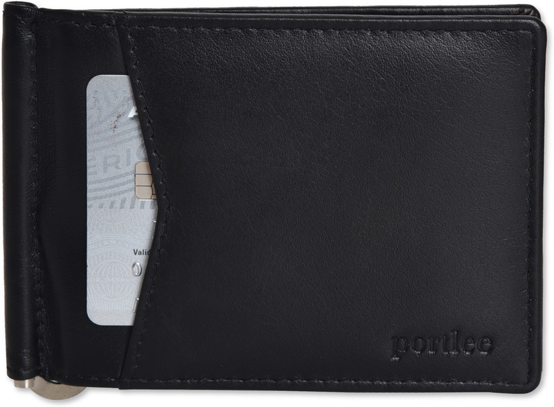 portlee Men Black Genuine Leather Money Clip(6 Card Slots)