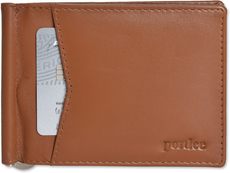 portlee Men Casual Tan Genuine Leather Money Clip(7 Card Slots)