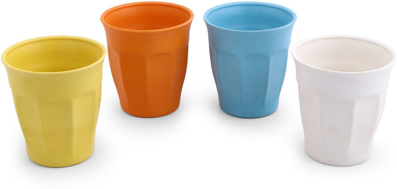 sevya Classic Eco friendly Bamboo Crockery Glass Set of 4 Pcs, Multicolour, Biodegradeable Glass Set(Plastic, 300 ml, Yellow, Orange, White, Blue, Pack of 4)