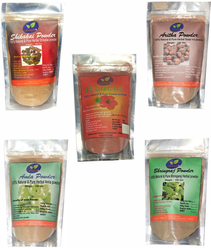 matruveda 100% Natural Bhringraj , Amla, Aritha, Shikakai & Hibiscus Powder (Pack of 5) Each 100gm(500 g)