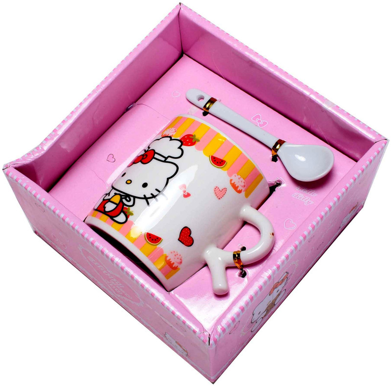 lukiyo Cute Coffee With Porcelain Spoon Bone China, Porcelain Mug(300 ml)