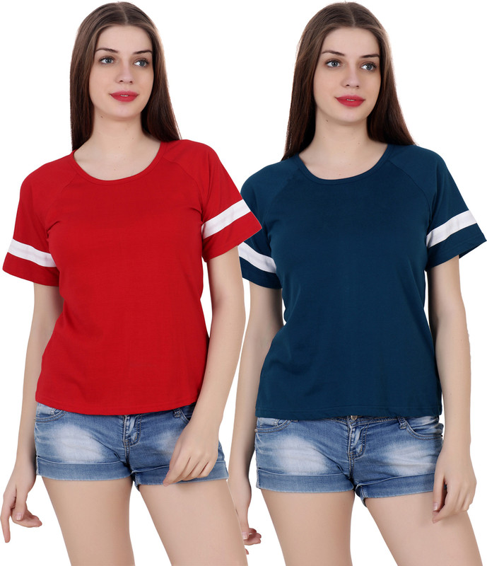 fabstone collection Solid Women Round Neck Blue, Red T-Shirt(Pack of 2)