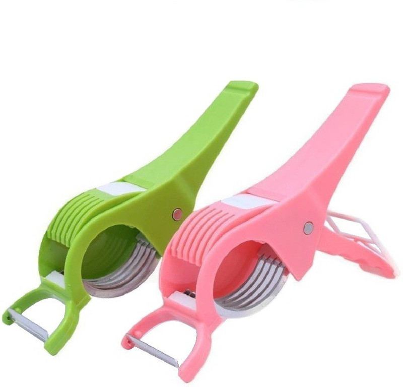 kewin set of 2 green AND pink vegetable cutter with 5 statinless steel cutting blade, 2 IN 1 CHOPPER AND PEELER Vegetable & Fruit Chopper(2 quantity of vegetable cutter)