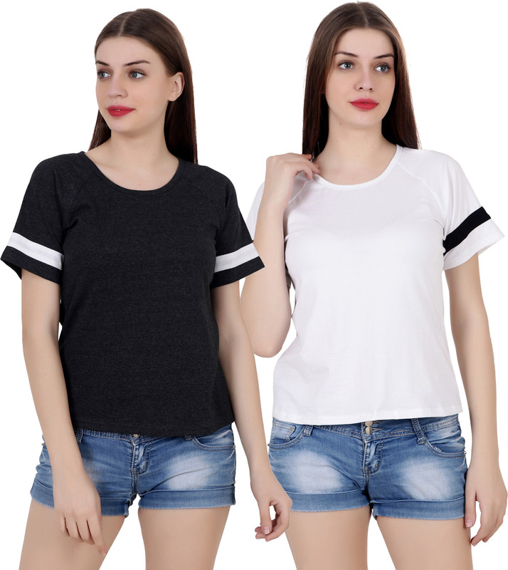 fabstone collection Solid Women Round Neck Black, White T-Shirt(Pack of 2)