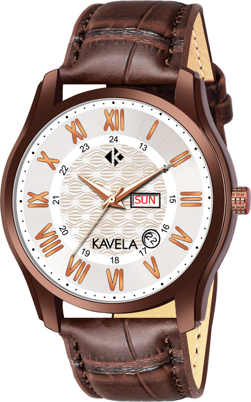 kavela stylish n trendy watch with white color dial with golden roman numbers and brown mash pure leather strap Analog Watch  - For Men