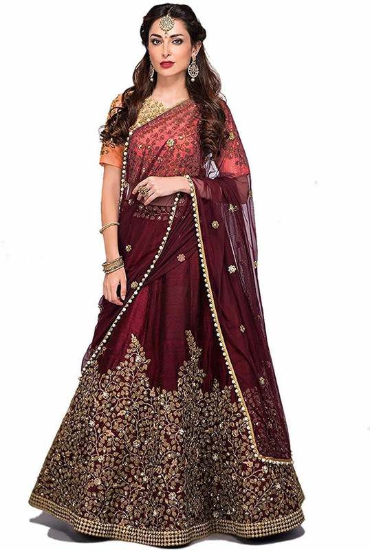 indian youth Embroidered Semi Stitched Lehenga, Choli and Dupatta Set(Maroon)