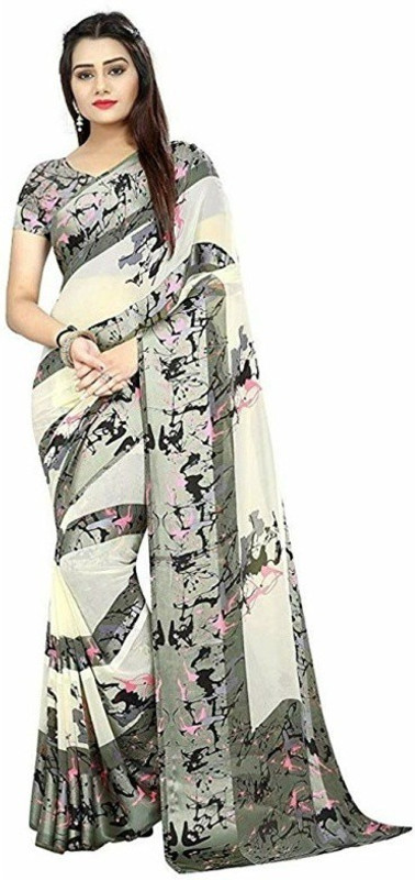 sky vision creation Printed Daily Wear Poly Georgette Saree(Beige)