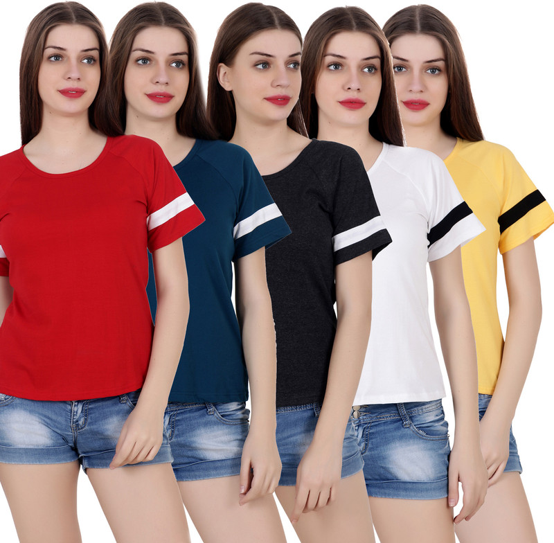 fabstone collection Solid Women Round Neck Black, Red, Yellow, Blue, White T-Shirt(Pack of 5)