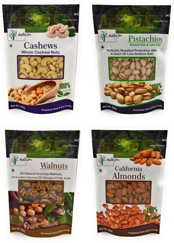 axium Daily Needs Combo Walnuts- 400gm, Pistachios- 500gm, Cashews- 500gm & Almonds (Pack Of 4) Pistachios, Cashews, Walnuts, Almonds Pouch(4 x 475 g)