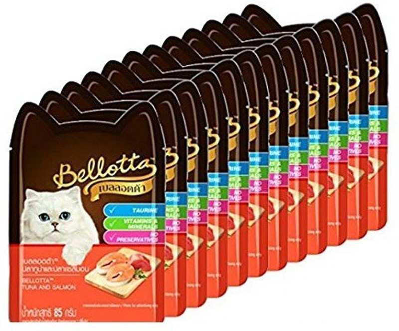 bellotta Taurine , vitamin and minerals , No preservatives Pack of 12 for Protein , Fat , calcium , Nutrition , high energy Tuna, Salmon 85 g Wet Cat Food(Pack of 12)