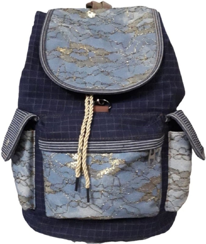 Own Classy Designer Blue Check Denim Backpack | Net Design Bag for Women & Girls 8 L Backpack(Blue)