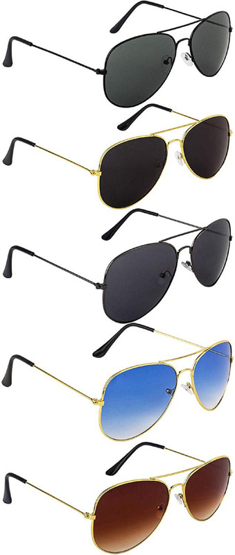 shadz Aviator, Aviator, Aviator, Aviator, Aviator Sunglasses(Black, Black, Black, Blue, Brown)