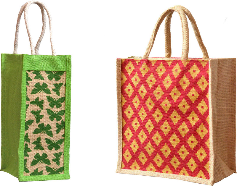 AGGDA Blue color Leaf & Flower printed Jute Burlap Lunch tiffin Outdoor handbag Bag working office bag && Jute Eco-Friendly Butterfly Printed Water Bottle Wine Bottle Carry Bag 1 Liter Capacity Waterproof Multipurpose Bag(Red, 16 L)