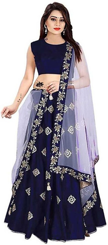 janvifashionflower Embroidered Semi Stitched Lehenga, Choli and Dupatta Set(Blue)