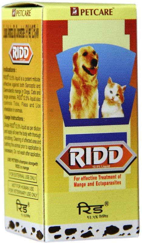 Pet Care RIDD Liquid Amitraz Dip Concentrate l.P for effective treatment of mange and ectoparasites for Allergy Relief, Anti-dandruff , Anti-fungal , Anti-itching , Anti-microbial , Anti-parasitic , Conditioning , Flea and Tick , Hypoallergenic , Whitening and Color Enhancing 60 ml Pet Coat Cleanser