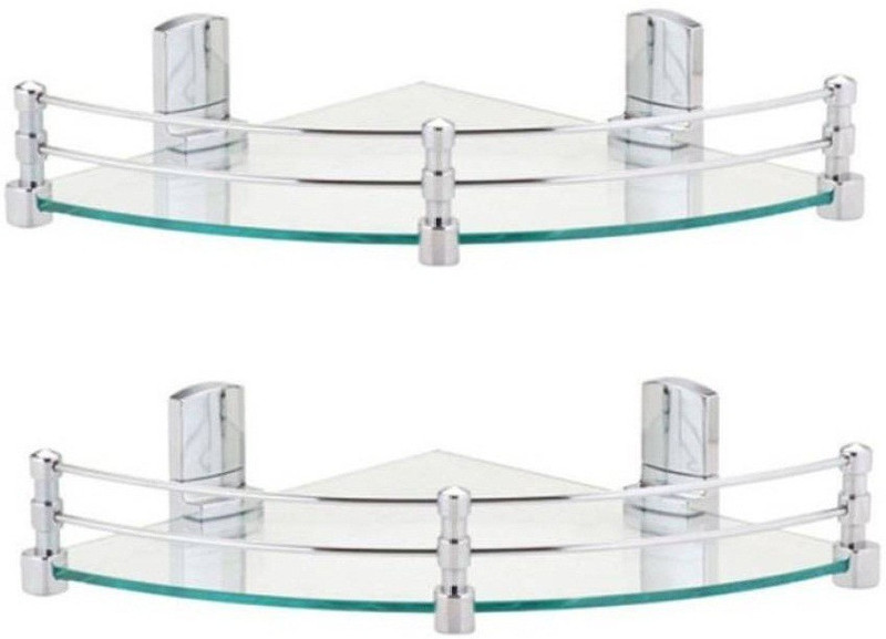 intenzo Multi-Purpose Glass Corner with Heavy Wall Brackets(Glossy)- 8x8 Inches, Pack of 2, Glass Wall Shelf(Number of Shelves - 2, Multicolor)