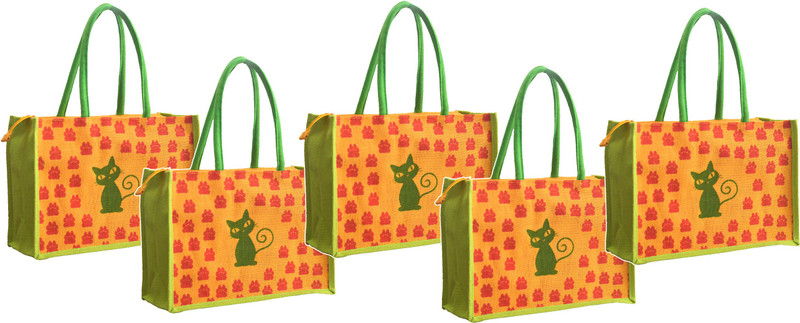AGGDA **5 Bags COMBO**AGGDA Jute Shopping Grocery Bag Printed with Kitty with Paw Medium Size with Long Cotton Rope Handle Women Tote Bag and Lunch Bag Waterproof Multipurpose Bag(Yellow, 16 L)