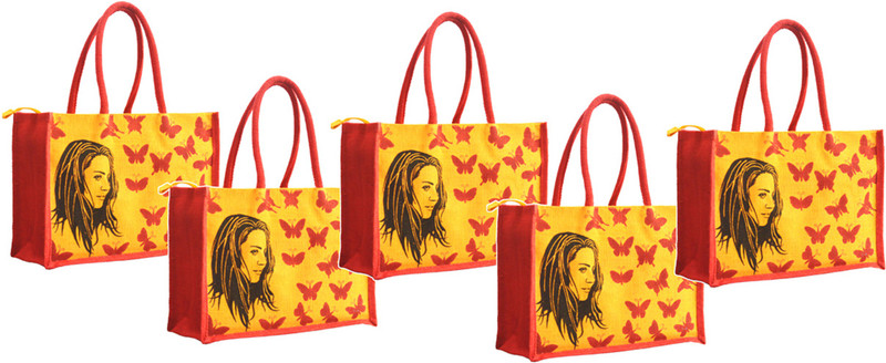 AGGDA **5 Bags COMBO**AGGDA Jute Shopping Grocery Bag Printed with Women with Butterfly Medium Size with Long Cotton Rope Handle Women Tote Bag and Lunch Bag Waterproof Multipurpose Bag(Yellow, 16 L)