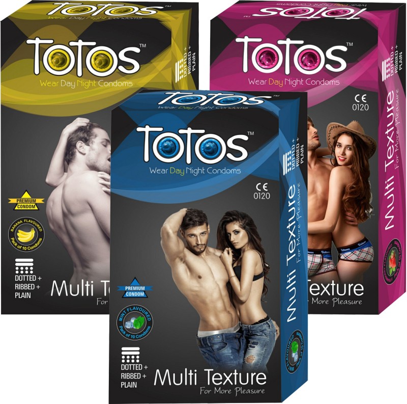 Totos Multi Texture Honeymoon Pack Premium 3 In 1 (Dotted+Ribbed+Plain) Banana Strawberry Mint Flavour(30 Pieces) Condom(Set of 10, 30S)