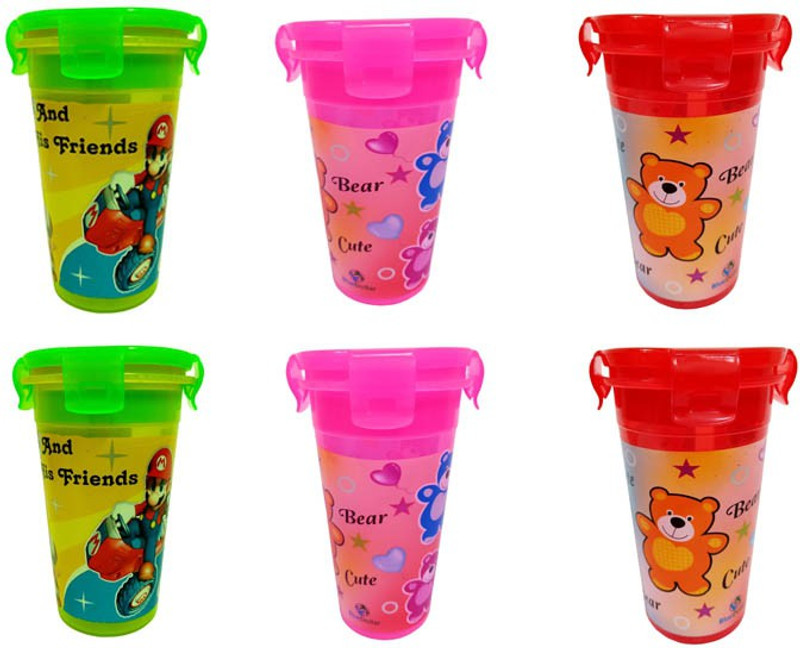 bluedollar Lock & Seal Plastic Glass, 450ml, Set of 6, PRINTED Glass Set(Plastic, 450 ml, Red, Pink, Green, Pack of 6)