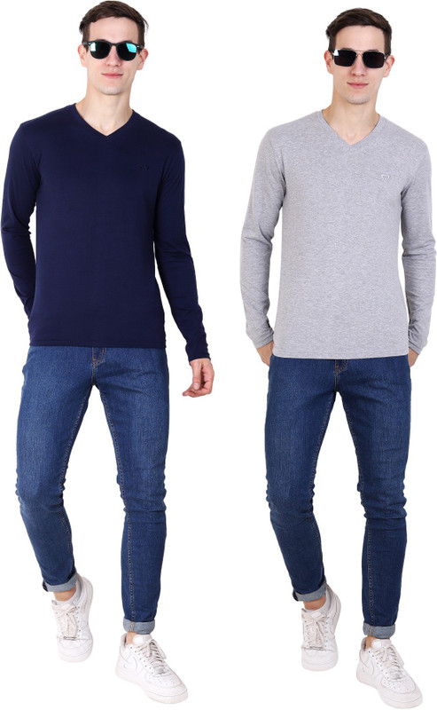 limited colours Solid, Self Design Men V Neck Grey, Dark Blue T-Shirt(Pack of 2)