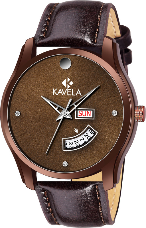 kavela bronze color case n dial simple and attractive design with day n date feature n black color trendy pure leather strap Analog Watch  - For Men & Women