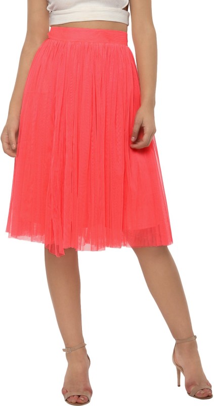 Roving Mode Solid Women Gathered Pink Skirt