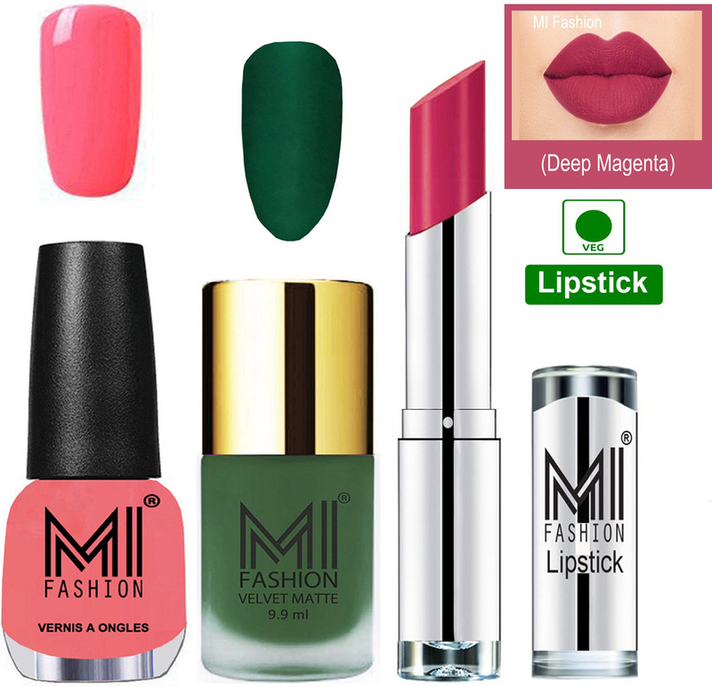 MI FASHION Premium Quality Super Saver Nail Polish and Lipstick Combo - Green Matte Nail Polish,Pink Mania Shine Nail Polish and Dark Magenta Lipstick(3 Items in the set)