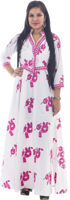 kraftloom Women Gown White, Pink Dress