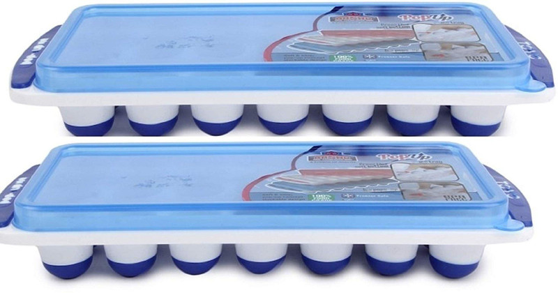 vibgyor products Pack of 2 Easy Push Premium POP-Out Ice Cube Tray with Flexible Silicon Bottom, 21 Cube Trays Stackable , Dishwasher Safe with lid Multicolor Plastic Ice Ball Maker Set(Pack of 2)