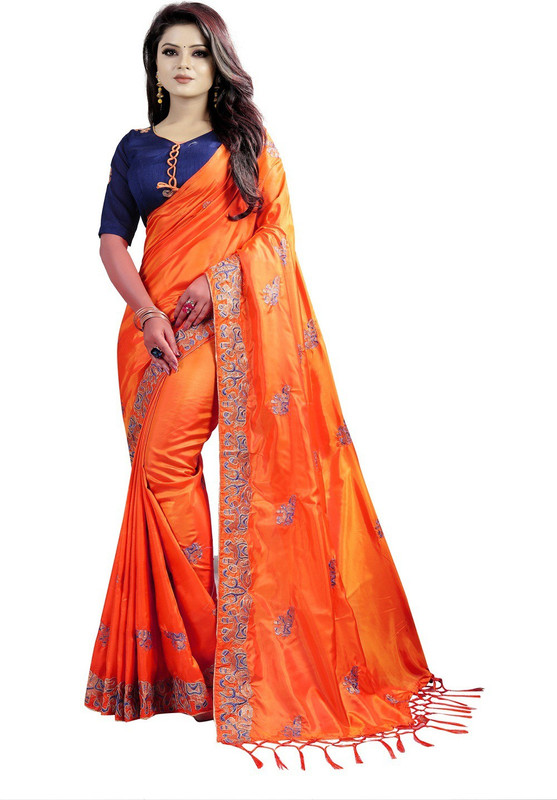 janvifashionflower Embroidered Fashion Art Silk Saree(Orange)