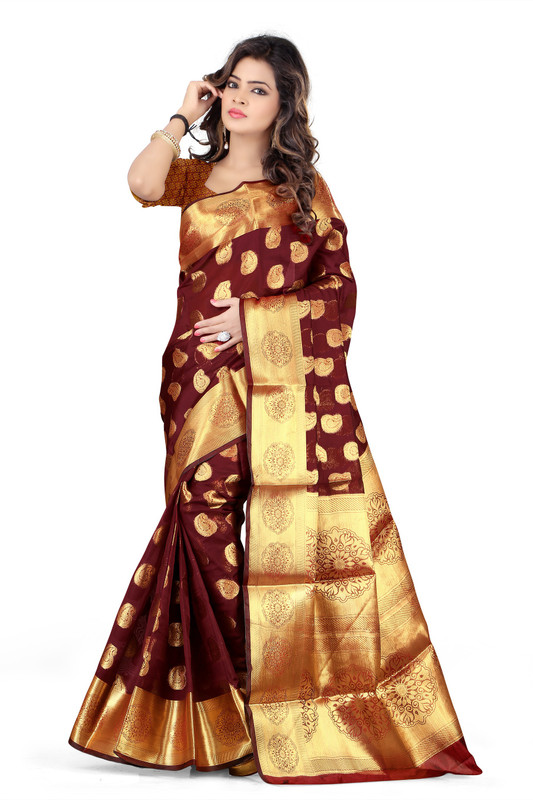jay fashion Embellished Banarasi Silk Saree(Red, Gold)