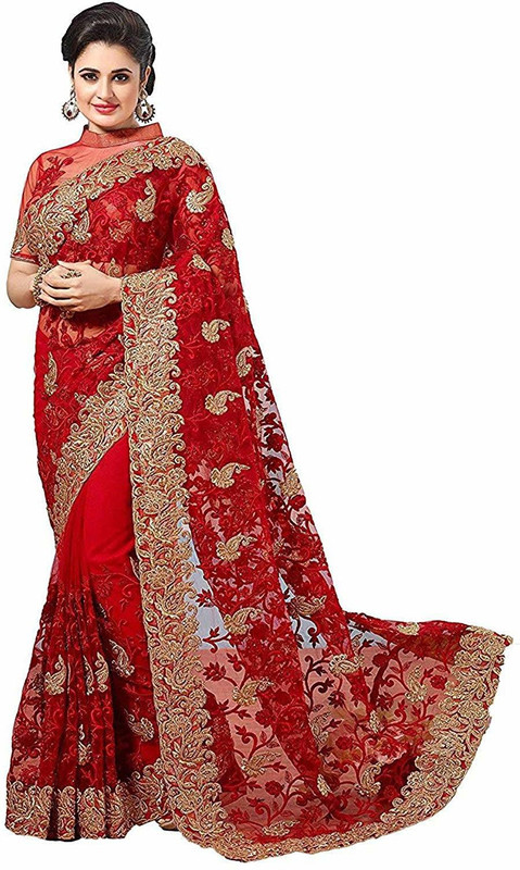 shyora Embroidered Fashion Cotton Blend Saree(Red, Gold)