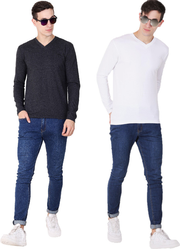 limited colours Solid, Self Design Men V Neck Grey, White T-Shirt(Pack of 2)
