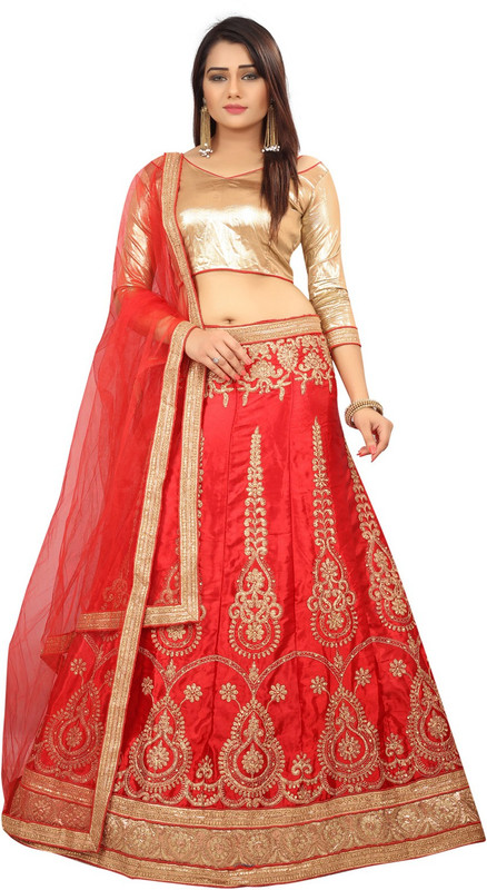 kathiyawad shopping Embroidered Semi Stitched Lehenga, Choli and Dupatta Set(Red)