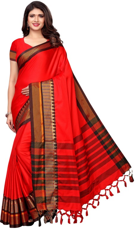 Saara Striped Maheshwari Cotton Blend, Poly Silk Saree(Red)
