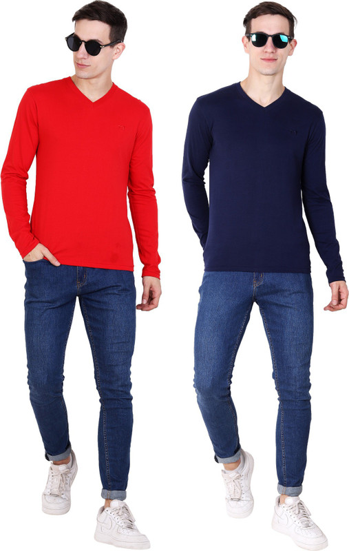 limited colours Solid Men V Neck Dark Blue, Red T-Shirt(Pack of 2)