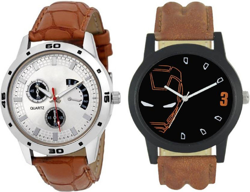 goodfortune HKF277 White Chrono Kind Brown Belt + Black Iron Man Combo 2 Variant Dials/Straps Watches Boys&Girls/Teenagers Analog Watch  - For Men