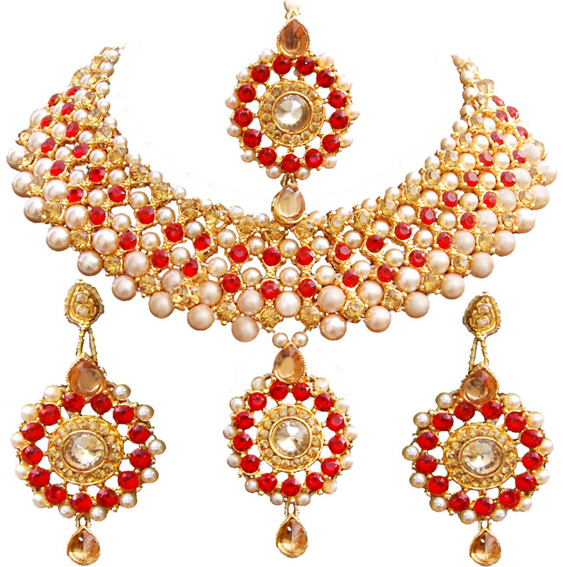 sathiya jewellers Stone Jewel Set(Gold, Red)